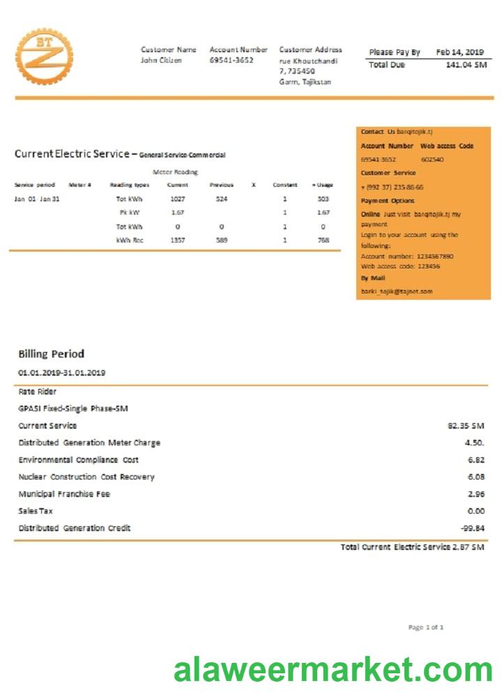 Tajikistan Barqi Tojik Company electricity utility bill template in Word and PDF format